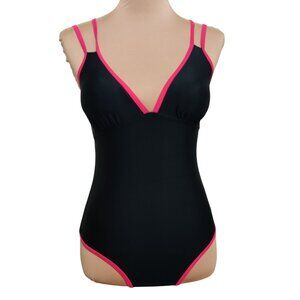 Womens Swimsuit One Piece Plunge V Neck Double Strap Cross Back Black Pink Sz S